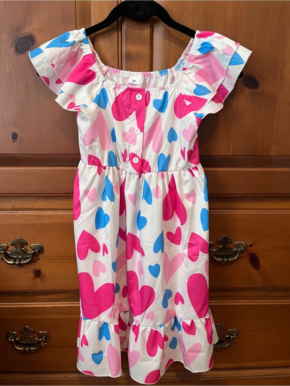 Girls White Pink Blue Heart Print Ruffle Dress